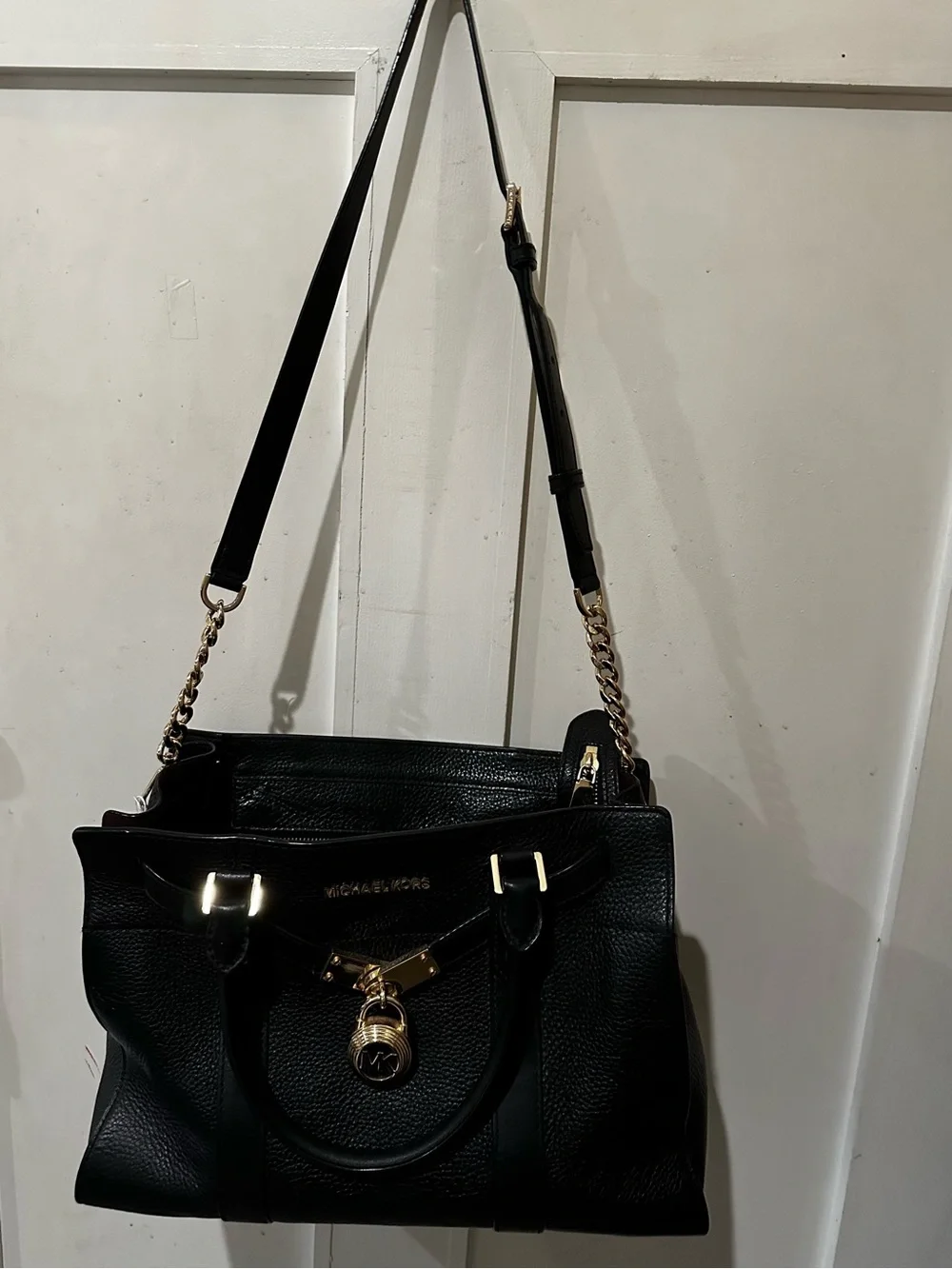 Michael Kors Black Pebbled Leather Satchel with Gold Hardware and MK Padlock